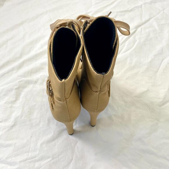 NEW Tan Cream High Heel Buckle Ren Fair Witchy Wench Platform Lace Up Boots 7.5 - Picture 4 of 8